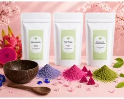 Smoothie Bowl Starter Set – Kokosnoot Kom met Lepel + Blue Matcha, Pink Pitaya & Matcha - Natuurlijke Kleurstoffen - Matcha Latte – 3x 50 Gram