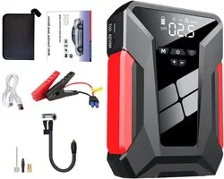 Autostarter met Compressor - Jump Starter Bandenpomp - Onderweg Hulp - Real-Time Monitoring - 20x13x5 cm - Zwart