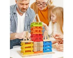 MiDeer 100 planches en bois Massief avec livre d'échantillons - Bouwstenen Domino & Archimède - Jouets éducatifs - Inspire la Créativité - Ensemble de couleurs chaudes compatible avec KAPLA - Choix des universitaires - Jouet cérébral - Winner du prix