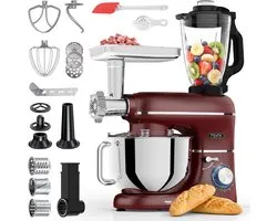 Fentic Robot Pâtissier – 2000W – Robot de Cuisine – Food Processor – Bol de Mélange 6,2L – Inclus Hachoir à Viande, Blender et Accessoires Supplémentaires - Rouge