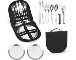 Ensemble de Service de camping pour 2 personnes - 13 pièces, portable et durable en acier inoxydable pour outdoor, le camping, le pique-nique et le barbecue