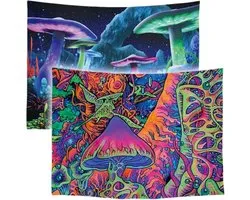 Ulticool - Tapisserie - Champignon Champignon Psychédélique Trippie Champignon Magique Cannabis Weed - Set de 2 Motifs - 73 cm x 95 cm - Tissu Tapisserie Peinture - Poster Art - Blauw Fluo Zwart