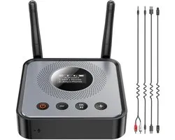 QTTVBTNA -Bluetooth Adapter - 2-in-1 Zender Ontvanger - Bluetooth 5.2 - 0,96 inch OLED display, dubbele chip, dubbele koppeling, 30 m bereik - 1200 mAh, 38 uur afspelen - Ondersteunt AUX, RCA, optisch en USB - Voor tv, auto, computer en stereo