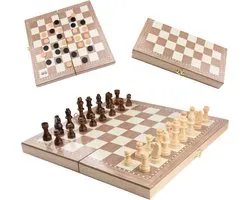 Jeu de société 3 en 1 - 29 cm - Échiquier - Damier - Backgammon - Jeu d'échecs - Jeu d'échecs - Echecs - Jeu de dames - Avec Pièces d'échecs d'échecs - Chess - Bois - Pliable