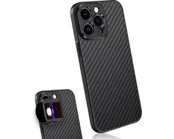 MOJOGEAR 17mm lens case voor iPhone 15 Pro Max — Schroefdraad voor macrolens, telelens, anamorphic lens of DOF-adapter — Stevig hoesje — Carbon — Zwart