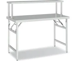 Table de travail The Living Store - Acier inoxydable robuste - 120 x 60 cm - Pliable - Etagère supérieure - Argent