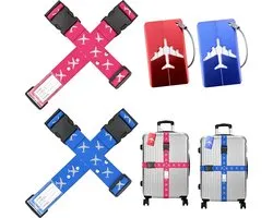 Luggage Strap Suitcase Strap, Pack of 4, Adjustable Luggage Strap, Luggage Strap, Safe Travel, 2 Pieces Luggage Tags with Name Tag & Address Label, Travel Accessories for Closing Suitcases when