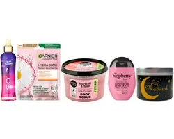 Garnier Cadeauset Ramadan Suikerfeest So..? Body Mist Ibiza Dreams & Treaclemoon Raspberry - Organic Shop Body Scrub Raspberry - Treaclemoon Hand Cream Raspberry Kiss - Garnier SkinActive Masker Sheet Hydra Bomb Sensitive