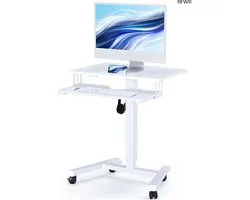 BONTEC Bureau mobile réglable avec étagère pour clavier, poste de travail debout sur roulettes 65x45cm, table ergonomique pour ordinateur portable pour salon et chambre à coucher, blanc