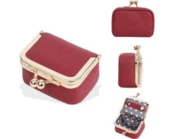 Juwelendoos- Opbergbox - Compact - Reisetui - Mini Sieradendoos - Echt Leer Reiskoffer -Draagbaar Organizer Opbergzakje - Muntbeursje Kliksluiting- Perfect voor Vrouwen - Meisjes - Feestcadeau - Kerstcadeau -Kerstversiering - Kerst- Rood