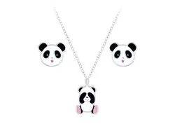 Boucles d'oreilles et collier enfant panda argenté | boucles d'oreilles panda Fille Argent | collier enfant panda | collier de clous d'oreilles pour enfants | Zilverana | Argent Sterling 925