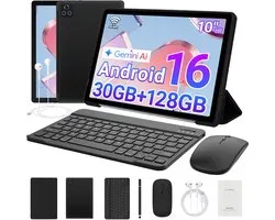 Hotlight - Android 16 Tablet - 10.1 inch Kindertablet - 30(6+24)GB RAM/128GB ROM - - Gemini AI - Wifi 6 - Tablet Met Toetsenbord, Muis, Oordopjes & Bescherming