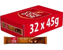 Côte d'Or Chocolade Reep Melk Hele Hazelnoten Doos 32 x 45g Repen - Chocoladerepen en Tabletten - Chocoladebar - Chocolade om uit te delen - Voorraad - Cadeau