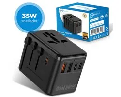 Universele wereldstekker - Snellader 35W - Reisstekker - Internationale Reisadapter - 2x USB-C en 2x USB-A - 180+ Landen - Amerika (USA) - Zuid Amerika - Engeland (UK) - Azië - Europa - Afrika - 2500W - Wereldstekker lichtgewicht - Zwart