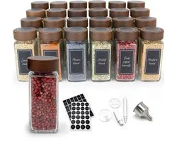 George Napoli 24 Kruidenpotjes - Glas - Spice jar - Vierkant - Acacia Deksel - 48 Strooideksels & 240 stickers