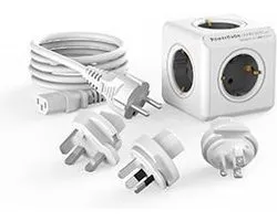 PowerCube ReWirable reisstekker + 3x wereld reis plug + 1 meter IEC EU kabel DE - Wit/Grijs - 5 stopcontacten