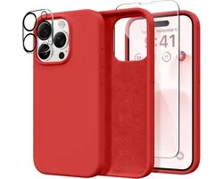 Solid hoesje Soft Touch Liquid Silicone Flexible TPU Rubber + Screenprotector - Camera Lens - Geschikt voor: iPhone 16 Pro - Rood