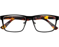 Amazotti Burano leesbril +1.50 – Computerbril met Blauwlicht Filter – Trendy Metalen Montuur met Rubber Finish – Italiaans Design – Dames & Heren – Zwart met Demi Bruin