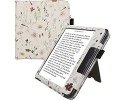 kwmobile e-reader hoesje geschikt voor Kobo Libra Colour hoes - E reader flip case van kunstleer - Ereader cover met stand - Daisy-varens design in wit / geel / groen