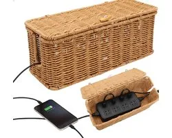 kabel opbergbox - Handgemaakte Rotan Kabelorganizer Mand - Kabelverbergbox met Open Gleuven, Kabelorganizer Onder Bureau voor Computer, Router, USB-hub & Stekkerdoos