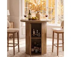 LITTLE TREE Ronde Bistrotafel - Bartafel - Hout - Bruin - Modern - 80 cm - Inclusief opbergkast geschikt voor thuisbar en compacte woonruimtes