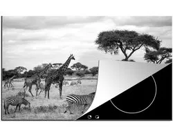 KitchenYeah® Inductie beschermer 80x52 cm - Giraffen en Zebras samen op de savannes van het Nationaal park Serengeti - zwart wit - Kookplaataccessoires - Afdekplaat voor kookplaat - Inductiebeschermer - Inductiemat - Inductieplaat mat