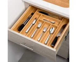 Range-couverts en bambou KitchenBrothers à 6 compartiments - Range-couverts réglable, extensible à 8 compartiments - Rangement à couverts - Bac de rangement - Cassette à couverts - 30-44,5 cm - Bois
