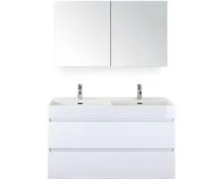 Maxx XL Meuble de salle de bain 120 cm - Blanc Brillant - Lavabo Kube Double 2 Trous de Robinetterie avec Armoire de Toilette