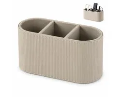 Bureau Organizer Kunstleer - Pennenbak, Bureau Opberger en Make-up Organizer met 3 Vakken, 22x10x10 cm, voor Kantoor Klaslokaal Bureau Woonkamer - Beige - Lemonmax