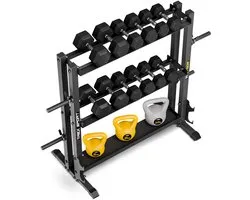 Trex Sport TX-075DR – Support de poids – 3 niveaux pour haltères, kettlebells et poids – Rack à haltères 3 en 1 – Support professionnel pour haltères – Système de rangement universel – Acier renforcé (heavy duty) – Max. 690 kg