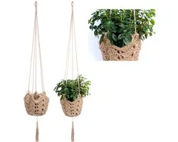 YTOPRO set van 2 macramé hangmanden, natuurlijk materiaal, henneptouw hangmand, kamerplantenhouder, hanger voor binnen en buiten, plafonds, balkons, boho decoratie, hangmand, beige