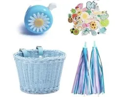 Panier vélo d'équilibre pour enfants - osier en rotin en plastique tressé - kit d'accessoires - bleu - sonnette de vélo - autocollants - manivelles de guidon