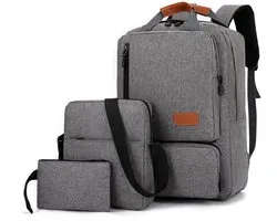Grey Men's Three-Piece Backpack Set, Water-Resistant Oxford Cloth, 15.6-inch Laptop Backpack, Student Schoolbag, Travel/Commuter Bag, Includes Shoulder Bag + Clutch Bag