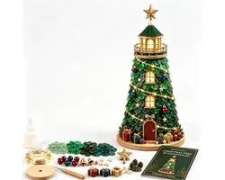 Mozaïek doe-het-zelfpakket - Kerstmis Zeeglas Art - Mozaïekkunst -Inclusief accessoires - Geschikt voor Beginners & Volwassenen - Inclusief ledstrips en lijm - Kerstversiering - vuurtoren - Handgemaakt - Ornament - 15x25CM - Kerstboom - Groen