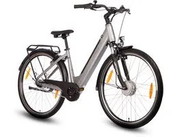 Vélo électrique Comfort Plus 5.0 28 pouces - Batterie Intube 468 Wh - 95 % pré-assemblé - Shimano Nexus 7 - Cadre bas - Fourche suspendue - Gris argenté