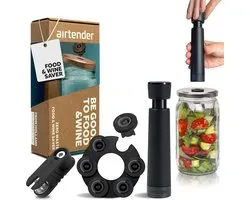 Airtender Food & Wine Saver | GIFT PACK | Vacuümpomp | Dekselperforator | 6x Vacuümstopper + Bewaarclip | Vacumeer flessen & potten | Bewaar tot 5x langer | Voorkom verspilling | Voedsel bewaren zonder microplastics | Made in Holland