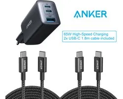 Anker 735 (GaN II 65W) USB-C-oplader - geschikt voor smartphone en tablet + 2 pack USB-C to USB-C Cable 1.8m, USB 2.0 Type C Charging Cable Fast Charge - bundelvoordeel