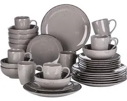 Serviesset - Serviessets - Serviesset 8 persoons - Grijs Effen - Porselein - 32-Delig Servies - Dinerbord - Dessertbord - Kom - Mok