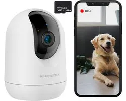 Caméra de sécurité intérieure Protectly® - Caméra pour animaux de compagnie avec application - Petcam - Caméra pour chien - Avec application WiFi - 2K 3MP Ultra HD - Détection de mouvement et de son - Caméra intérieure - Wit