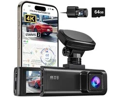 RedTiger F7N Pro 64gb dashcam voor auto - 4K + Full HD met Sony Starvis 2 - Inclusief 64gb - Voor en achter camera met zelfklevende houder - Wifi - Gps - 3,18 inch Lcd - Nachtzicht - Parkeerbewaking - G-sensor - Loop recording