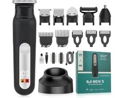 Tondeuse multifonctionnelle pour tout le corps (hommes), adaptée à une utilisation humide et sèche | 5 accessoires pour cheveux, barbe, corps, nez et oreilles. Lumière LED intégrée avec verrouillage de sécurité. Cadeau pour mari, père ou amis - Noir