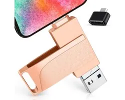 USB Flashdrive - 4-in-1 USB Stick - voor Smartphone & PC - Snelle USB Geheugenstick - met OTG & App Versleuteling - Eén-Klik Foto Backup voor iPhone, iPad, Android & Laptop - Stevige Zinklegering Behuizing - met 360° Draaibare Kap - Roze