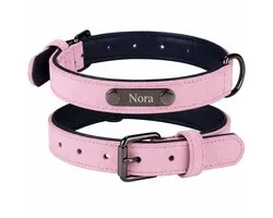 Gepersonaliseerde Hondenhalsband met Naamplaatje | Luxe Halsband met Naam Gravure | Lichtroze | Maat M | Leren Halsband met Metalen Naamplaatje | Verstelbaar & Comfortabel | Petshop Seven