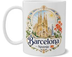 Tasse Barcelone Espagne souvenir, impression recto verso avec illustration de voyage vintage Art Nouveau, Sagrada Família, mosaïque et fleurs, visible des deux côtés, cadeau pour les fans de city trip et souvenir de vacances