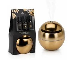 Aroma Diffuser Set Goud – USB Luchtbevochtiger 130 ml met LED Verlichting – Inclusief 3 Geuroliën 10 ml – Zwarte Pioenroos, Granaatappel & Oudhout