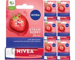 Nivea Baume à lèvres Strawberry Shine - 6 x 4,8 g - Formule végétalienne améliorée - Beurre de karité et huiles naturelles enrichies en vitamines - Baume à lèvres