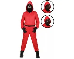 Squid Game Pak | Squid Game Manager Vierkant Square Rood Met Stoffen Masker Kind Kostuum | Maat 152 | Carnaval kostuum | Verkleedkleding