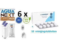 Agua Next CaffeeMax waterfilter vervanging voor Delonghi koffiemachine, 6 st. + extra Tabletten voor het reinigen en ontvetten van de koffiemachine - 10 x 2g - universele reinigingstabletten