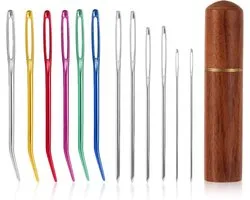 12pcs Large Eye Sewing Needles Set, Aluminum Big Eye Stub Yarn with Curved Carpet Needles and Wooden Needle Sleeve Hand Knitting Needles for Crochet Quilting and Beading Projects