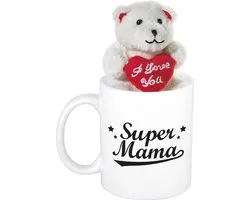 Moeder cadeau Super mama beker / mok 300 ml met beige knuffelbeertje met love hartje - Moederdag cadeautje